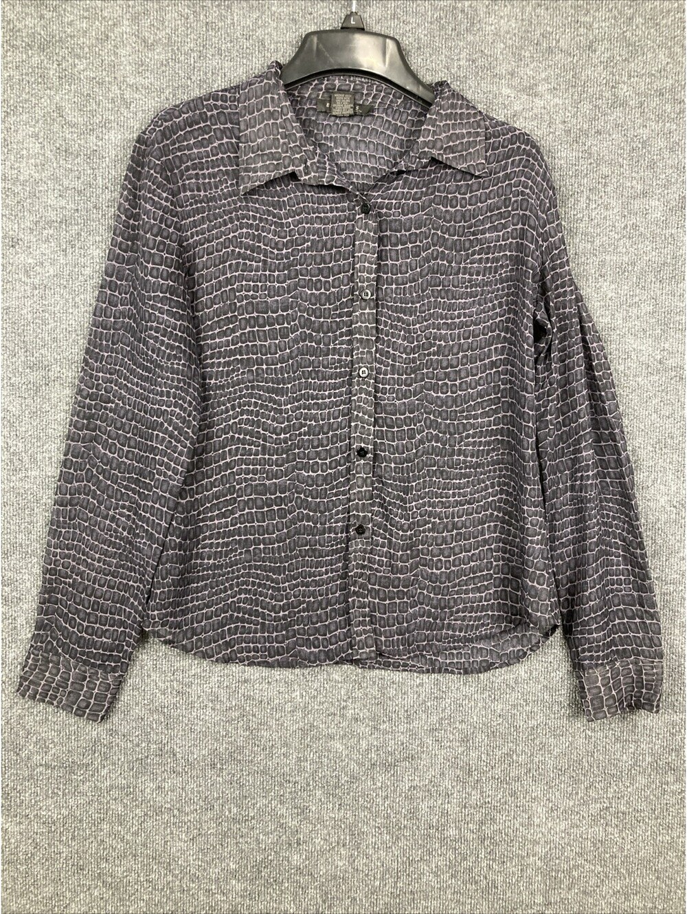 Express Womens XL Black & Gray Gator Animal Print Sheer Button Up L/S Blouse EUC